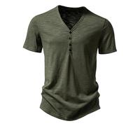 T-shirt décontracté à col Henley pour homme avec demi-boutons - Coupe ajustée - Sans col, Y-Vert armée, S