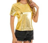 T-shirt décontracté à col montant et manches longues pour femme - Pour printemps et été - Métallique brillant, doré, L
