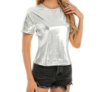 T-shirt décontracté à col montant et manches longues pour femme - Pour printemps et été - Métallique brillant, Argenté., S