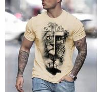 T-shirt décontracté à col rond à manches courtes avec imprimé croix et lion pour hommes, automne L,M,S,XL,XS,XXLAnimal,Blocs de couleurTissu tricoté