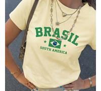 T-shirt décontracté à col rond à manches courtes pour femmes avec imprimé vintage du drapeau jaune du Brésil et de l'Amérique du Sud, pour l'été L,M,S,XL,XS,XXL,XXSRétroPolyester