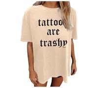 T-shirt décontracté à col rond avec impression de lettres pour femme - T-shirt élégant pour un usage quotidien, beige, M