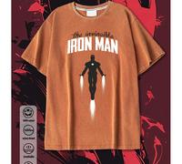 T-shirt décontracté à col rond en coton co-marqué Marvel pour hommes, imprimé Iron Man invincible, hauts polyvalents pour hommes printemps et été, hauts à manches courtes orange et rouge pour hommes d