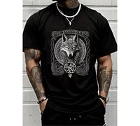 T-shirt décontracté à col rond en coton pour homme - Loup au design nordique et symbolisme mystique, t-shirt viking noir et blanc, mythologie nordique, t-shirt pour homme - Hauts pour homme printemps/
