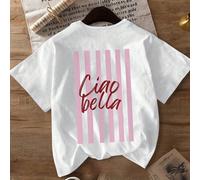T-shirt décontracté à col rond et manches courtes rayé rose pour femmes en grande taille, "Ciao Bella" signifie "Bonjour, belle" en italien. Convient pour le printemps, l'été, l'automne, la Saint-Vale