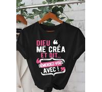 T-shirt décontracté à col rond pour femme avec citation française "Dieu Me C'est Mon Saint" - Haut à manches courtes avec lettres ludiques imprimées pour le printemps H12347-gris