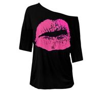 T-shirt décontracté à épaules dénudées pour femme avec imprimé rétro Big Lip Style années 80 T-shirt à manches mi-longues pour femme, Rose, XXXL