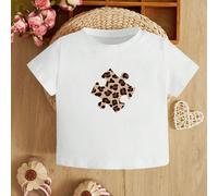 T-shirt Décontracté À Manches Courtes Et À Col Rond Pour Bébés Filles Imprimé Avec Motif Léopard Et Puzzle, Adapté À L'été 6-9M,9-12M,12-18M,18-24M,2-3YGéométrique,Cœur,Imprimé léopard,Motif texturéTi