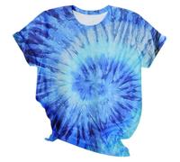 T-shirt décontracté à manches courtes et col rond pour femme avec imprimé batik pour l'été, le quotidien et les vacances avec jupes en jean, chemise en maille pour femme, bleu, XS