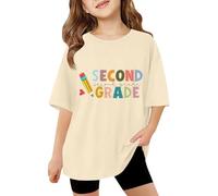 T-Shirt décontracté à Manches Courtes pour Filles, col Rond, imprimé Graphique, Coupe Ample, pour Tous Les Jours, école, activités de Plein air, Printemps, été, Hauts Manches (Beige, 5-6 Years)