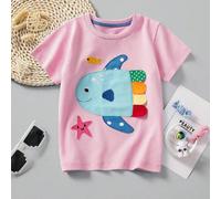 T-shirt décontracté à manches courtes pour jeunes filles, broderie de petit poisson dessin animé, respirant et stylé, collection d'été 6Y,7Y,8Y,3Y,4Y,5YAnimal,Cartoon,Géométrique,LettresÉtoffe