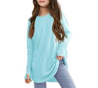 T-shirt décontracté à manches longues pour grandes filles de couleur unie avec fente ample et douce pour jeunes filles, vêtements de danse d'été, vêtements d'extérieur en coton, col rond, chemisier de