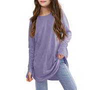 T-shirt décontracté à manches longues pour grandes filles de couleur unie avec fente ample et douce pour jeunes filles, vêtements de danse d'été, vêtements d'extérieur en coton, col rond, chemisier de