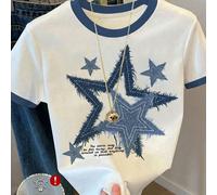 T-shirt décontracté ample à col rond avec bloc de couleurs contrastées et imprimé étoiles, convient pour l'été, le port quotidien, la rentrée scolaire, assorti avec les sœurs, les vacances, la Saint-V