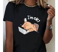 T-shirt décontracté ample en 100% coton à manches courtes avec l'impression amusante d'un gros chat "Je vais bien", convient pour le port quotidien, la Saint-Valentin, le Nouvel An en noir 0XL,1XL,2XL