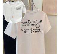 T-shirt décontracté blanc à manches courtes, col rond, grande taille, avec message positif "Le bonheur est un état d'esprit" dans un style minimaliste, pour l'été 0XL,1XL,2XL,3XL,4XL,5XLLettresTissu t
