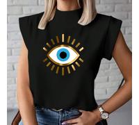 T-shirt décontracté col montant imprimé œil du mauvais œil pour femmes, hauts avec graphiques L,M,S,XLgraphique,Lettres,SloganÉtoffe