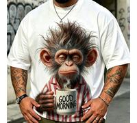 T-shirt décontracté col rond grande taille pour hommes, en tissu tricoté de polyester, confortable et respirant. Imprimé graphique amusant avec un singe "Bonjour" à la mode. Design de style de rue déc