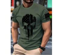 T-shirt décontracté col rond pour hommes, en tricot de polyester avec une certaine élasticité, léger et respirant, coupe régulière, avec imprimé crâne 3D, rayures patriotiques sur les épaules et desig