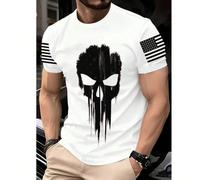 T-shirt décontracté col rond pour hommes, en tricot de polyester avec une certaine élasticité, léger et respirant, coupe regular, avec imprimé crâne 3D, rayures patriotiques sur les épaules et design 