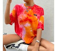 T-shirt décontracté d'été pour dames à coupe ample avec col rond, manches tombantes, motif d'alphabet et impression tie-dye L,M,S,XL,XS,XXL,XXSLettres,Tie dyeTissu tricoté