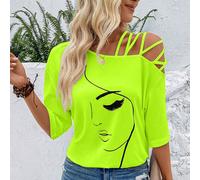 T-shirt décontracté d'été pour femmes avec imprimé visage abstrait, col asymétrique et graphiques L,M,S,XL,XS,XXLÉtoffe
