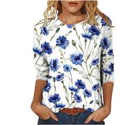 T-shirt décontracté élégant à col rond pour femme - T-shirt confortable d'été et d'automne à manches 3/4 - Coupe ample - Pour le travail quotidien, bleu, M