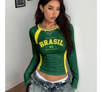 T-shirt décontracté et sportif pour femmes avec drapeau du Brésil vert et jaune en contraste, avec imprimé numérique et lettres rétro. Top à manches longues pour le style de rue de la saison sportive 