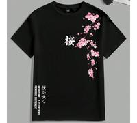 T-shirt décontracté polyvalent à col rond et manches courtes avec imprimé de caractères chinois pour hommes L,M,S,XL,XS,XXLgraphique,Lettres,PlantesÉtoffe