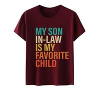 T-shirt décontracté pour femme 2026 « My Son in Law is My Favorite Child » - Imprimé lettres d'été - Gym - Col rond - Coupe ample - Manches courtes - Printemps 2026 - Couleur unie, bordeaux, XXL
