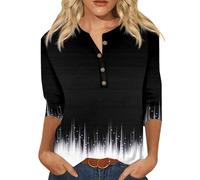 T-shirt décontracté pour femme avec col en V coloré brillant géométrique avec boutons à manches trois-quarts tenue de fête élégante, Noir , M