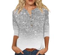 T-shirt décontracté pour femme avec col en V coloré brillant géométrique avec boutons à manches trois-quarts tenue de fête élégante, argenté, L