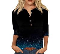 T-shirt décontracté pour femme avec col en V coloré brillant géométrique avec boutons à manches trois-quarts tenue de fête élégante, bleu, XL