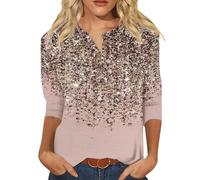 T-shirt décontracté pour femme avec col en V coloré brillant géométrique avec boutons à manches trois-quarts tenue de fête élégante, Or rose, S