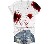 T-shirt décontracté pour femme avec col en V et manches courtes, Halloween, sanglant et horrible, avec imprimé de taches de sang ailes d'ange noir grand, Brique rouge., S