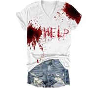 T-shirt décontracté pour femme avec col en V et manches courtes, Halloween, sanglant et horrible, avec imprimé de taches de sang ailes d'ange noir grand, rouge, S