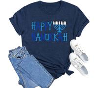 T-shirt décontracté pour femme avec col rond et imprimé Hanoukka, manches courtes, legging tête de mort pour femme, bleu foncé, XL