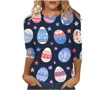 T-shirt décontracté pour femme avec impression numérique 3D pour l'Europe et les États-Unis et les jours fériés comme Pâques, col rond, manches sept points, Noir , M