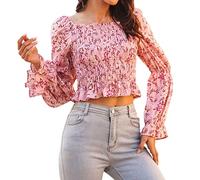 T-shirt décontracté pour femme - Imprimé bohème - Col montant - Manches longues - Tendance - Coupe ajustée - Stretch - Dos nu - Pour femme, Rose, M