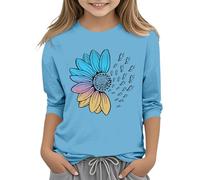 T-shirt décontracté pour fille - Col rond - Sept manchettes - 3 à 13 ans - Avec encolure, bleu clair, 6-7 ans