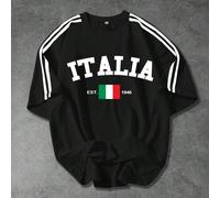 T-shirt décontracté pour hommes avec texte italien et impression du drapeau national, avec bande noire contrastante, style sportif scolaire, convient pour le printemps/été, le quotidien et le streetwe