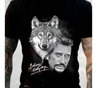 T-shirt décontracté pour hommes en 100% coton avec des imprimés de Johnny Hallyday et du loup aux yeux bleus. Look streetwear, coupe confortable, parfait pour le port quotidien et l'été - un excellent