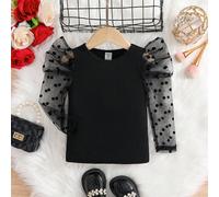 T-shirt décontracté pour jeune fille, col rond, couleur unie, manches gigot en maille contrastée 6Y,7Y,4Y,5YGéométriquePolyester