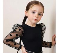 T-shirt décontracté pour jeune fille, col rond, manches gigot en maille contrastée, couleur unie 6Y,7Y,4Y,5YGéométriquePolyester