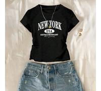 T-shirt décontracté pour préadolescentes avec lettres et imprimés, taille élastique, coupe slim, Top d'été mignon New York 8Y,9Y,10Y,11Y,12YLettresPolyester
