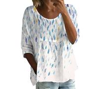 T-shirt d'entraînement pour femme - Imprimé - Manches mi-longues - Col rond - Haut à manches 3/4 - Grande taille - Chemisier en mousseline de soie, bleu, XXL
