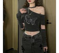 T-shirt d'été à dos nu asymétrique pour femme, coupe ajustée avec motif papillon unique (L gris)