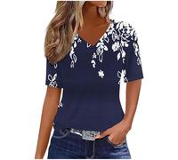 T-shirt d'été à manches courtes décontracté léger et confortable avec col en V pour femme - Tunique élégante - Chemisier vintage ample pour sortir, streetwear, A0029 Bleu marine, 44