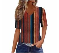 T-shirt d'été à manches courtes décontracté léger et confortable avec col en V pour femme - Tunique élégante - Chemisier vintage ample pour sortir, streetwear, A0012 Marron, 36