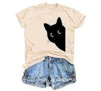 T-shirt d'été à manches courtes pour femme avec motif chats noirs 2025 - Coupe ample - Mignon tendance - Décontracté - T-shirt pour femme - T-shirt à col rond - Motif chat animal, beige, XXL